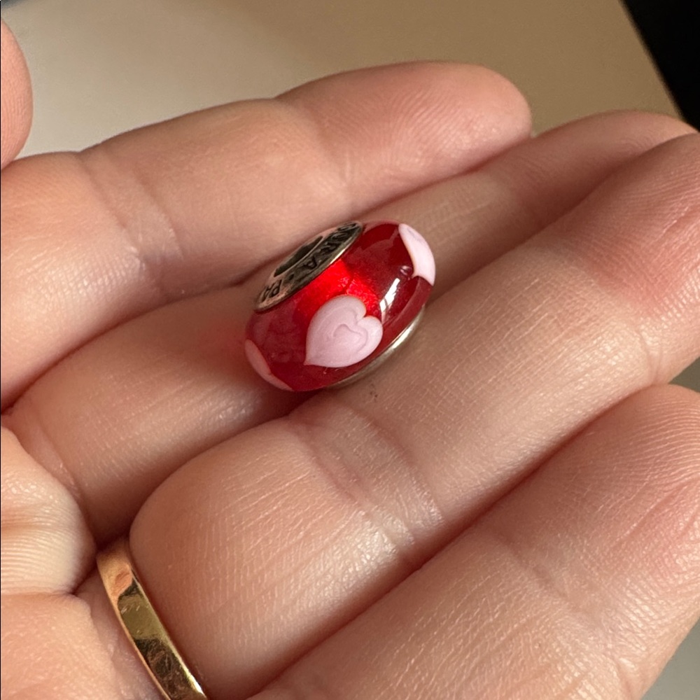 Pandora red Murano glass charm with pink hearts all around 925 silver